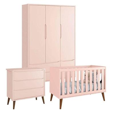 Quarto De Bebê Theo 3 Portas Cômoda Gaveteiro Rosa Com Pés Amadeirados - Reller