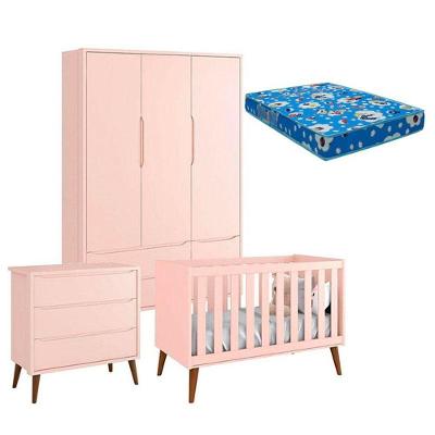 Quarto De Bebê Theo 3 Portas Com Colchão E Cômoda Gaveteiro Rosa Pés Amadeirados - Reller