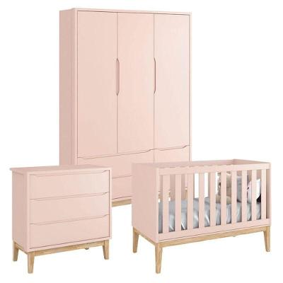 Quarto De Bebê Classic 3 Portas Cômoda Gaveteiro Rosa Com Pés Madeira Natural - Reller