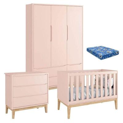 Quarto De Bebê Classic 3 Portas Com Colchão Cômoda Gaveteiro Rosa Pés Madeira Natural - Reller
