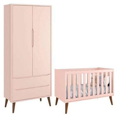 Berço Americano E Guarda Roupa Theo 2 Portas Rosa Com Pés Amadeirados - Reller