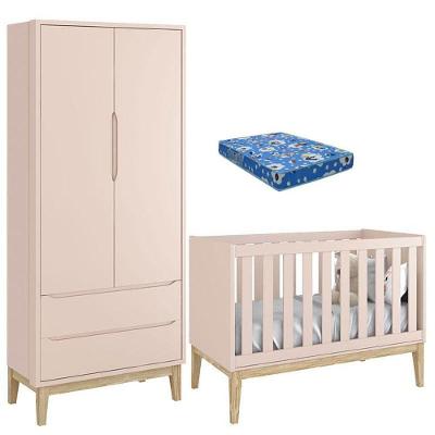 Berço Americano Com Colchão E Guarda Roupa Classic 2 Portas Rosa Pés Madeira Natural - Reller