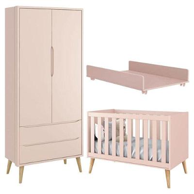 Berço Americano E Guarda Roupa Theo 2 Portas Rosa Com Pés Madeira Natural Com Trocador Juju - Reller