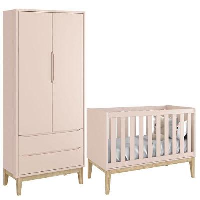 Berço Americano E Guarda Roupa Classic 2 Portas Rosa Com Pés Madeira Natural - Reller