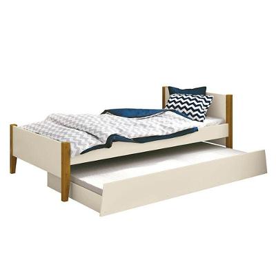 Cama Solteiro Com Auxiliar Simba Areia Acetinado Com Pés Madeira - Reller