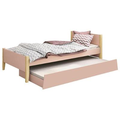 Cama Solteiro Com Auxiliar Simba Rosa Acetinado Com Pés Natural - Reller