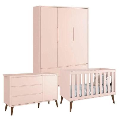 Quarto De Bebê Theo 3 Portas Rosa Com Pés Amadeirados - Reller