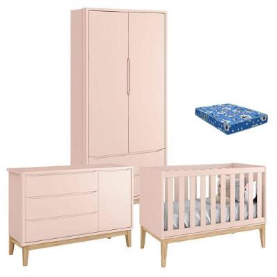 Quarto De Bebê Classic 2 Portas Com Colchão Rosa Pés Madeira Natural - Reller