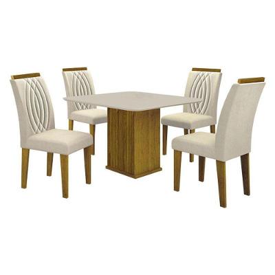 Mesa De Jantar Napoli 90x90 Freijó Decor Off White Com 4 Cadeiras Doha Mdf Freijó Joli Palha - Leifer Móveis