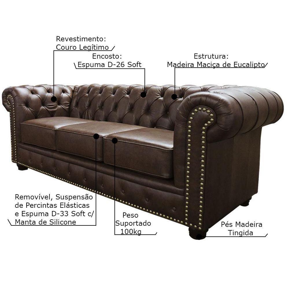 Sofá 3 Lugares Sala De Estar 235cm Chesterfield Pés Madeira - 4