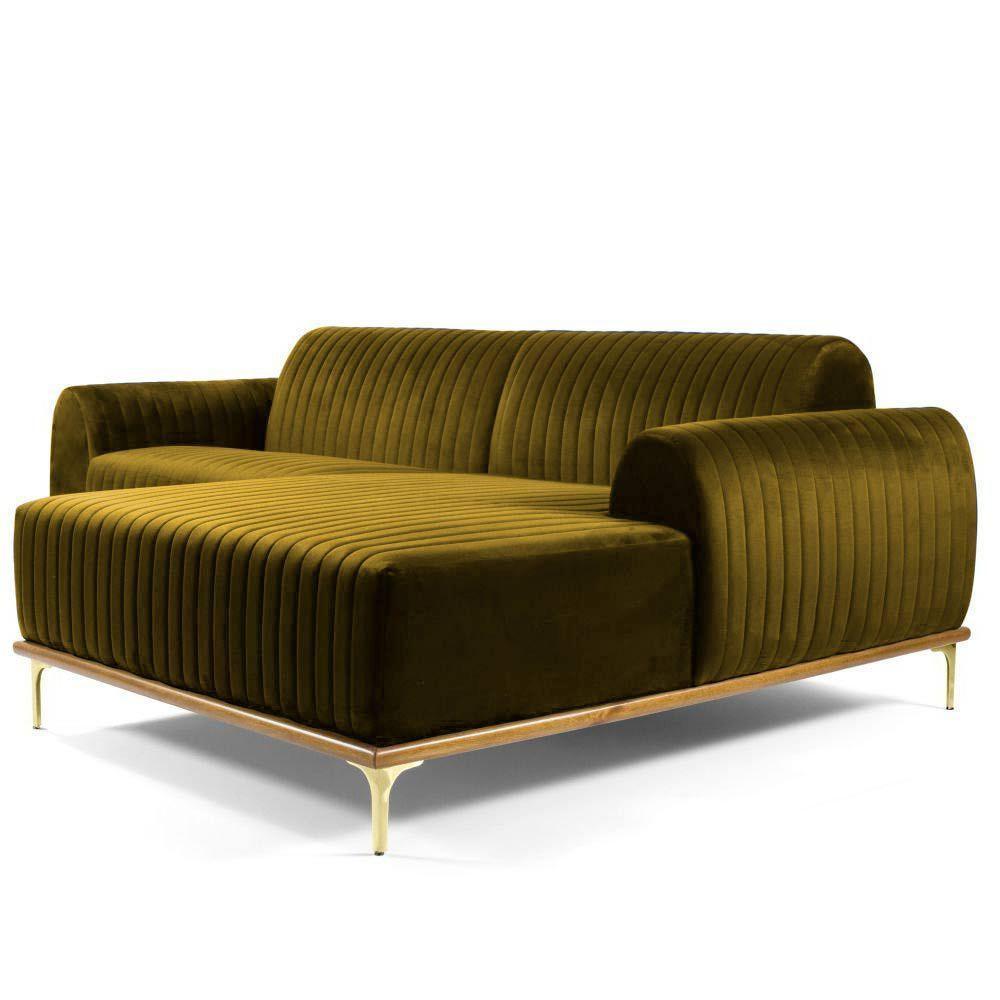 Sofá 3 Lugares com Chaise Base de Madeira 230 Cm Mostarda - 1