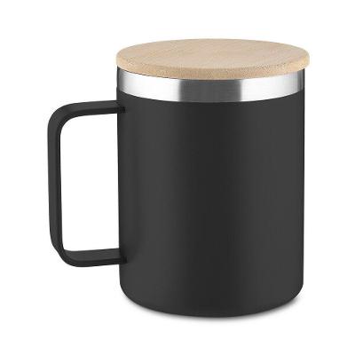 Caneca Térmica 400ml Parede Dupla Com Tampa De Bambu Preta