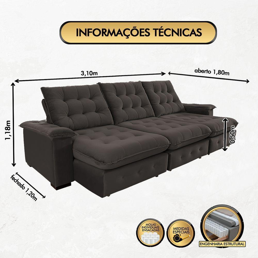 Sofá Coliseu 3.10m Retrátil E Reclinável Super Pillow - Marrom - 7