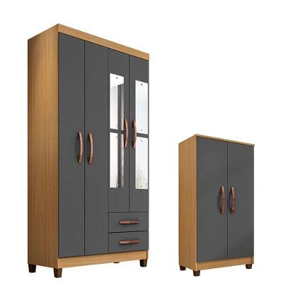 Guarda Roupa Solteiro Modena 4 Portas Com Espelho E Armário Multiuso Recife Carvalho Americano Grafite - Incorplac