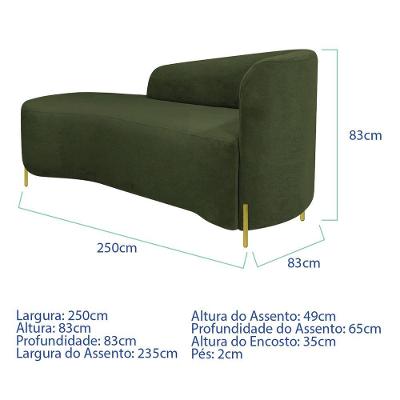 Divã Recamier Orgânico França 250cm Lado Esq Pés Metal Dourado Linho Cor Verde