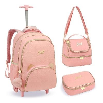 Kit Mochila De Rodinhas + Lancheira + Estojo Gatinho Denlex Rosa