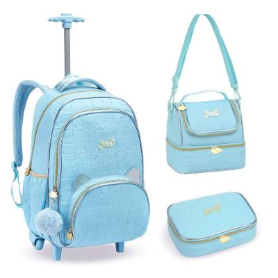 Kit Mochila De Rodinhas + Lancheira + Estojo Gatinho Denlex Azul