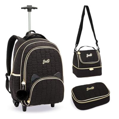 Kit Mochila De Rodinhas + Lancheira + Estojo Gatinho Denlex Preta