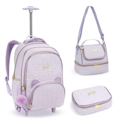 Kit Mochila De Rodinhas + Lancheira + Estojo Gatinho Denlex Lilás