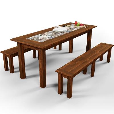 Mesa De Jantar Com Cerâmica Rústica 02 Bancos De Madeira Maciça Pinus 200cm W02 Imbuia - Lyam Decor