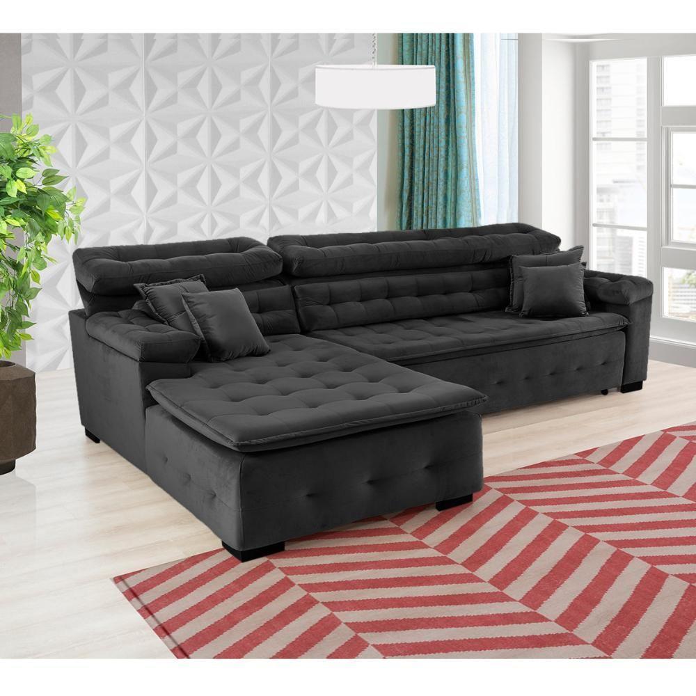 Sofá Orlando 2.40x1.50m Com Chaise, Retrátil E Reclinável - Preto - 2
