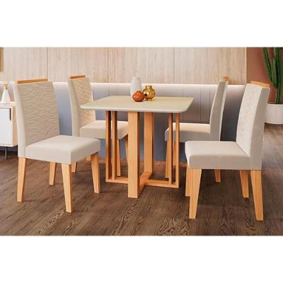 Sala De Jantar Completa Flora C- Tampo Madeirado C- Vidro 95x95cm E 4 Cadeiras Clarice Savana-madeirado-suede Nude Bege - Cimol