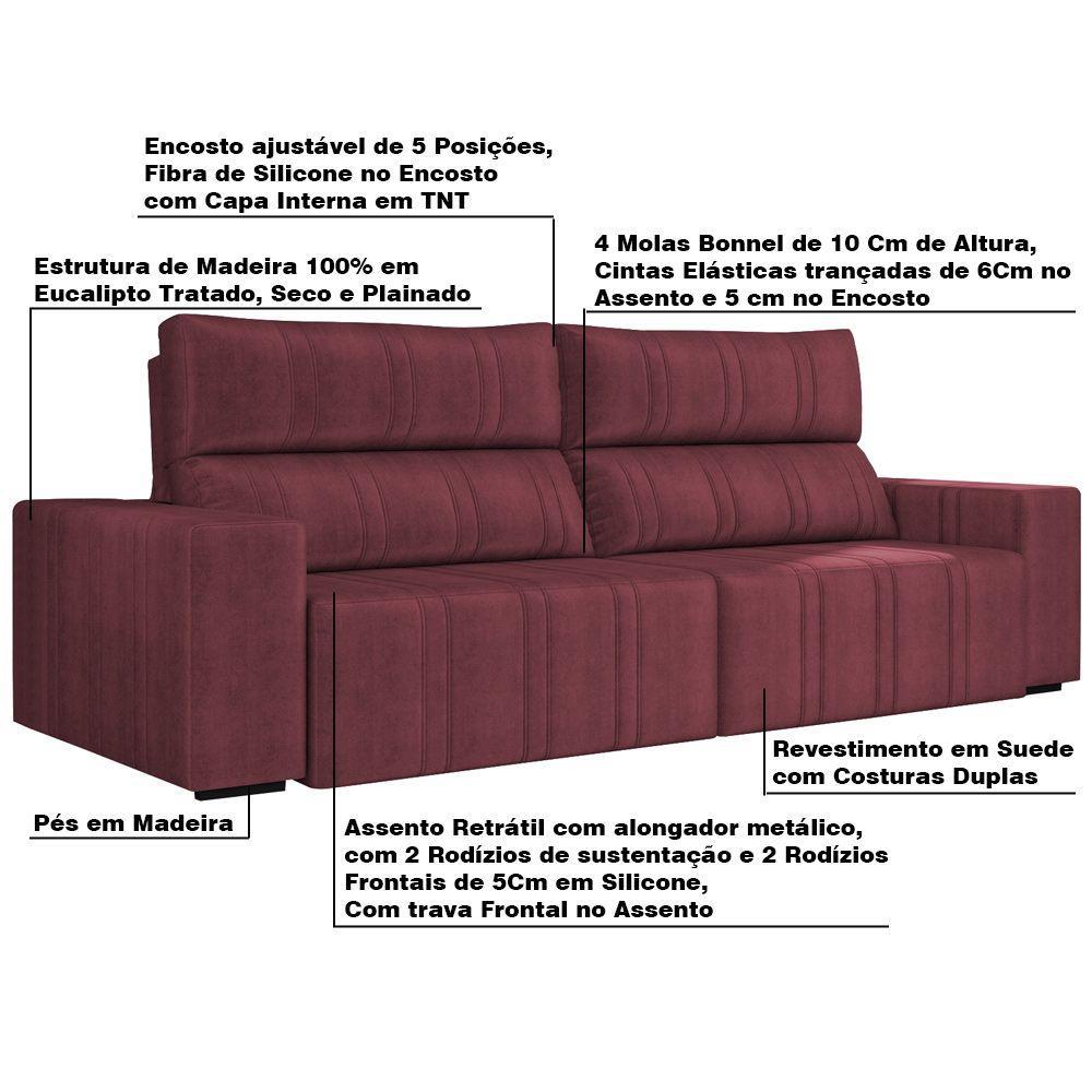 Sofá Retrátil 254cm Leonel Suede Bordô Gran Belo - 4