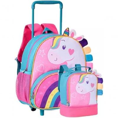 Kit Mochila Infantil Rosa Rodinhas Lancheira Unicórnio Rosa