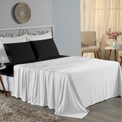 Jogo De Cama Casal Nobre 4 Peças Lençol Com Elástico De 30cm De Altura Malha 100% Algodão - Branco / Preto
