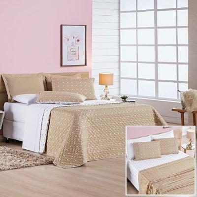 Cobre Leito + Jogo De Cama 200 Fios Petit Poá Solteiro 05 Peças 100% Poliéster - Caqui