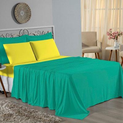 Jogo De Cama Casal Nobre 4 Peças Lençol Com Elástico De 30cm De Altura Malha 100% Algodão - Jade / Amarelo