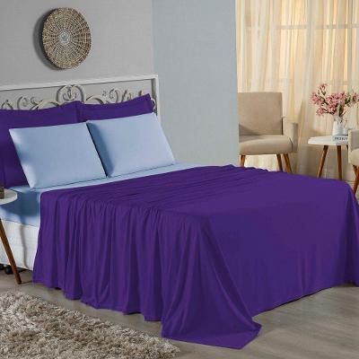 Jogo De Cama Casal Nobre 4 Peças Lençol Com Elástico De 30cm De Altura Malha 100% Algodão - Roxo / Azul-bebê