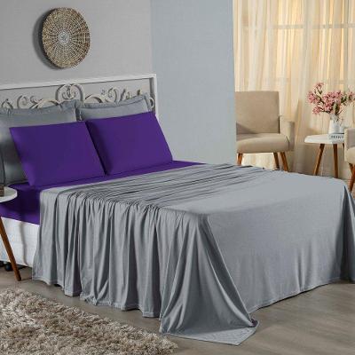 Jogo De Cama King Nobre 4 Peças Lençol Com Elástico De 30cm De Altura Malha 100% Algodão - Cinza / Roxo