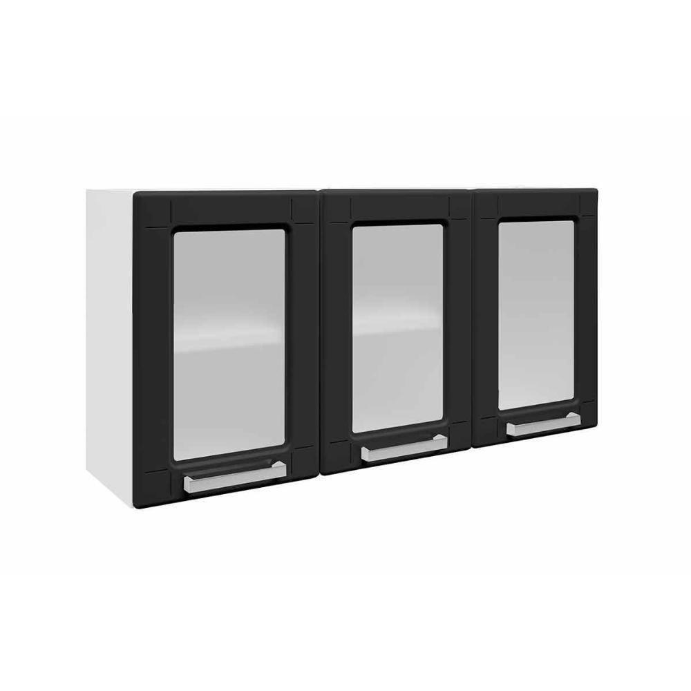 Armário Aéreo p/ Cozinha  Múltipla 6010 3 Portas c/Vidro 105cm Branco/Preto - Bertolini - 1