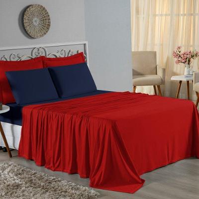Jogo De Cama King Nobre 4 Peças Lençol Com Elástico De 30cm De Altura Malha 100% Algodão - Vermelho / Azul-marinho