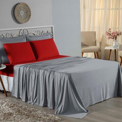 Jogo De Cama King Nobre 4 Peças Lençol Com Elástico De 30cm De Altura Malha 100% Algodão - Cinza / Vermelho