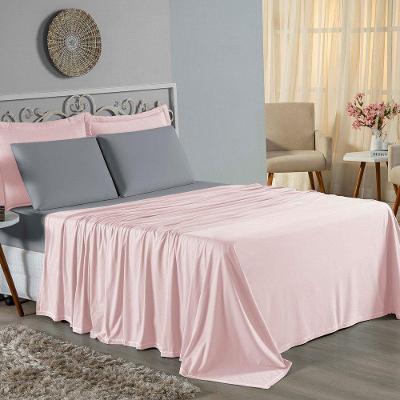 Jogo De Cama Queen Nobre 4 Peças Lençol Com Elástico De 30cm De Altura Malha 100% Algodão - Rosa / Cinza