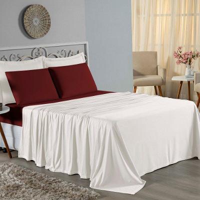Jogo De Cama Queen Nobre 4 Peças Lençol Com Elástico De 30cm De Altura Malha 100% Algodão - Palha / Vinho