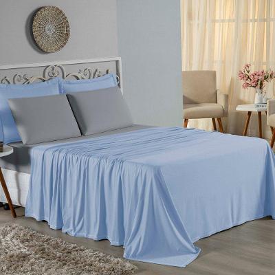 Jogo De Cama Solteiro Nobre 3 Peças Lençol Com Elástico De 30cm De Altura Malha 100% Algodão - Azul-bebê / Cinza