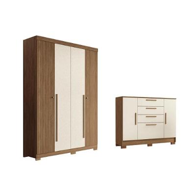 Guarda Roupa e Cômoda Solteiro e Closet Qc331 4 Portas de Bater 2 Gavetas Mdp Jatobá-Areia