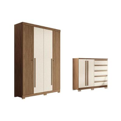 Guarda Roupa e Cômoda Solteiro e Closet QC330 4 Portas de Bater 2 Gavetas em MDF Jatobá-Areia