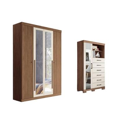 Kit Guarda Roupa Solteiro QC325 4 Portas de Bater 2 Gavetas em MDP com Espelho Jatoba-Areia