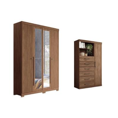 Guarda Roupa Cômoda 2 Peças Solteiro Closet Santos Andirá 4 Portas 2 Gavetas MDF com Espelho Jatobá
