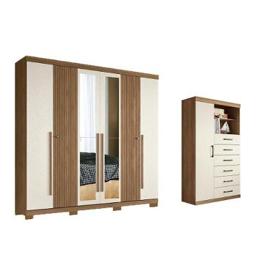 Guarda Roupa Cômoda 2 Peças Casal Santos Andirá 6 Portas 4 Gavetas MDF Jatobá Areia
