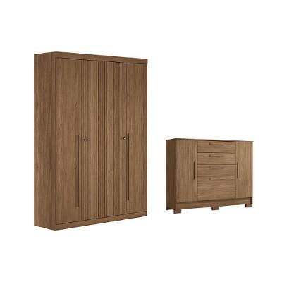 Guarda Roupa e Cômoda Solteiro e Closet QC341 4 Portas de Bater 2 Gavetas MDF Jatobá