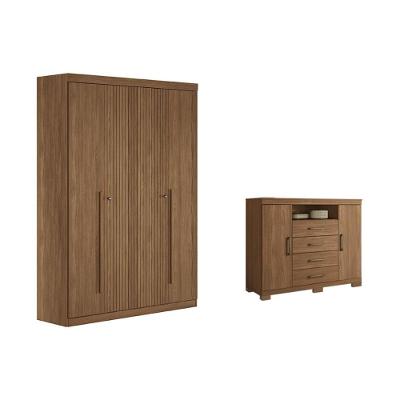 Guarda Roupa com Cômoda Solteiro e Closet Qc337 4 Portas 2 Gavetas MDF Amadeirado Jatobá