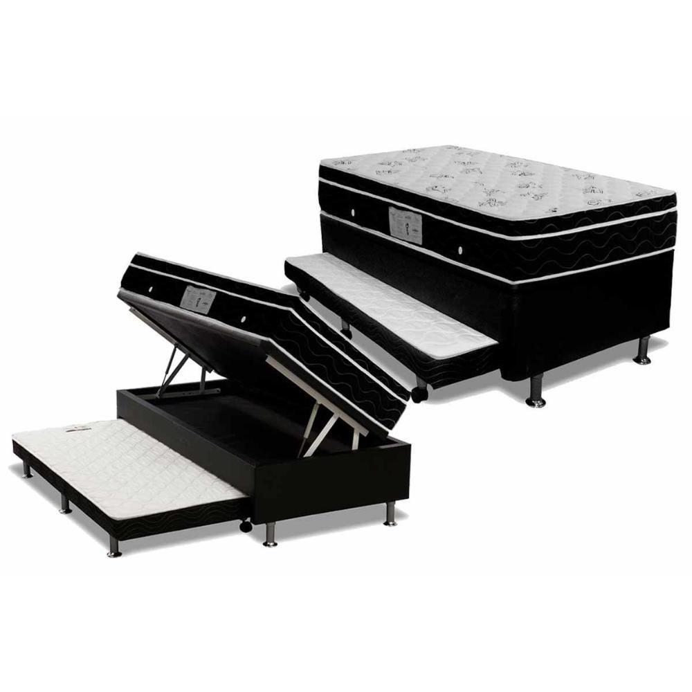 Cama Box Baú c/Auxiliar Solteiro: Colchão Molas Ortobom Nanolastic Physical + Base CRC Courano Black(88x188) - 1