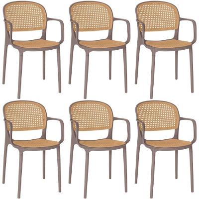 Kit 6 Cadeiras De Jantar Roma Prática Com Braços Para Sala E Cozinha - Marrom Claro