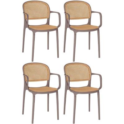 Kit 4 Cadeiras De Jantar Roma Prática Com Braços Para Sala E Cozinha - Marrom Claro