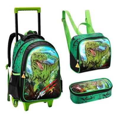 Kit Escolar Mochila Lancheira E Estojo Meninos Dinossauro Alça De Costas Reforçada - Trex - Denlex Verde Escuro